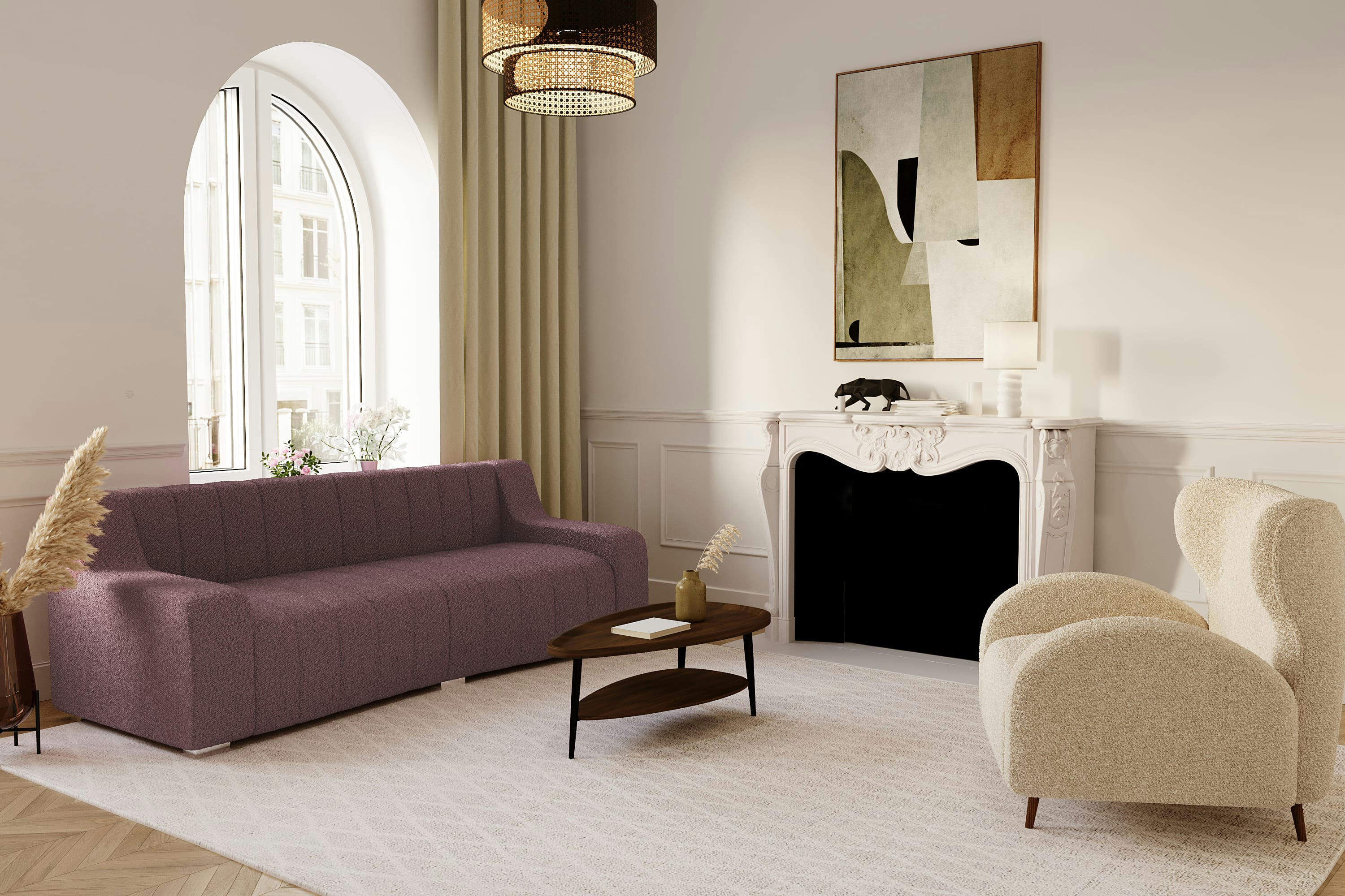 GARANCE - Canapé rose tissu bouclette 3 places