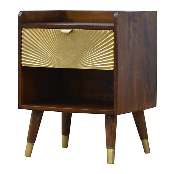 Artisan Furniture Bois massif Manila Gold One Drawer table de chevet, 1 étagère, Darl marron &doré