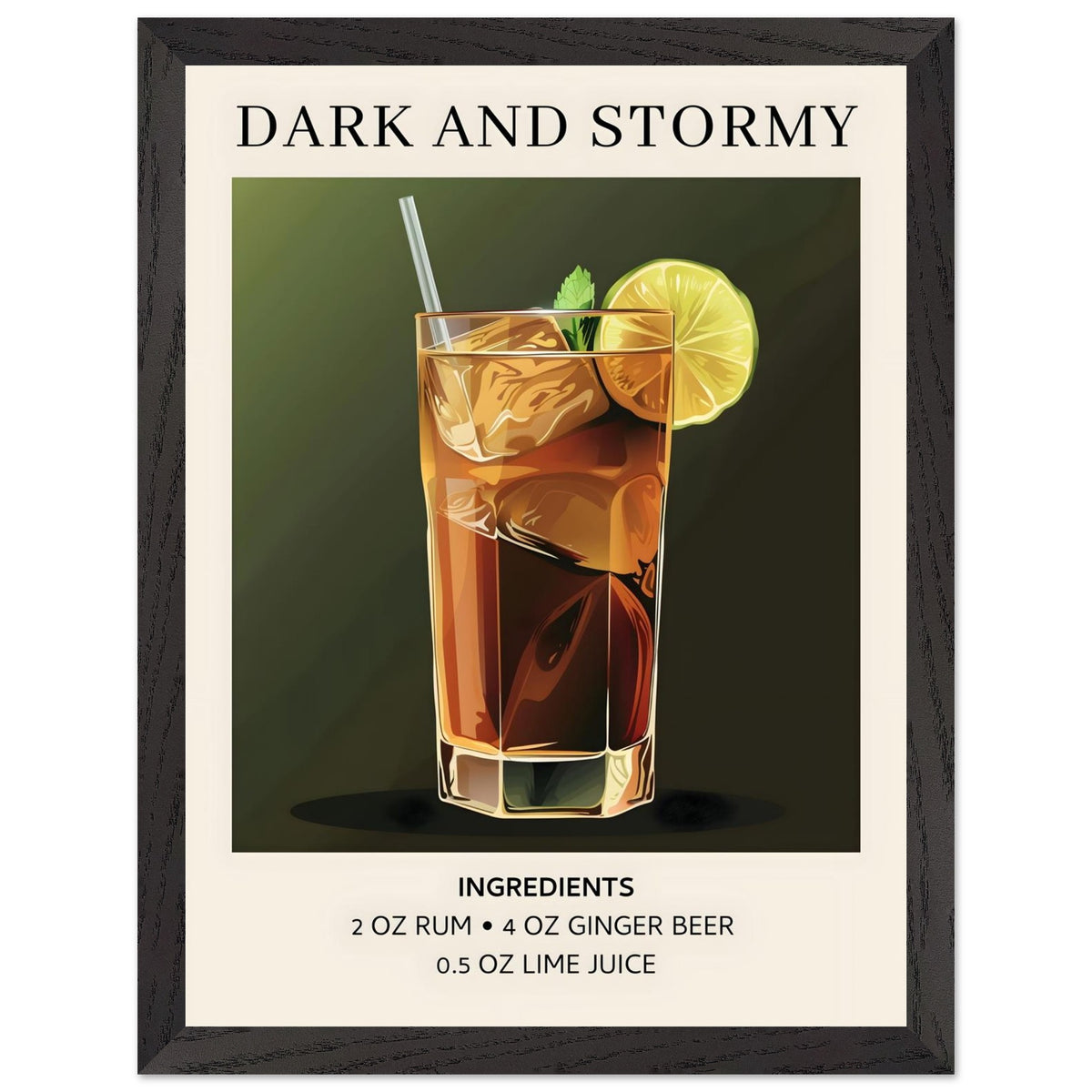 Artfulprints Poster met Lijst Dark and Stormy cocktail - Ingrediënten  - 30x40 cm - Donkergroen