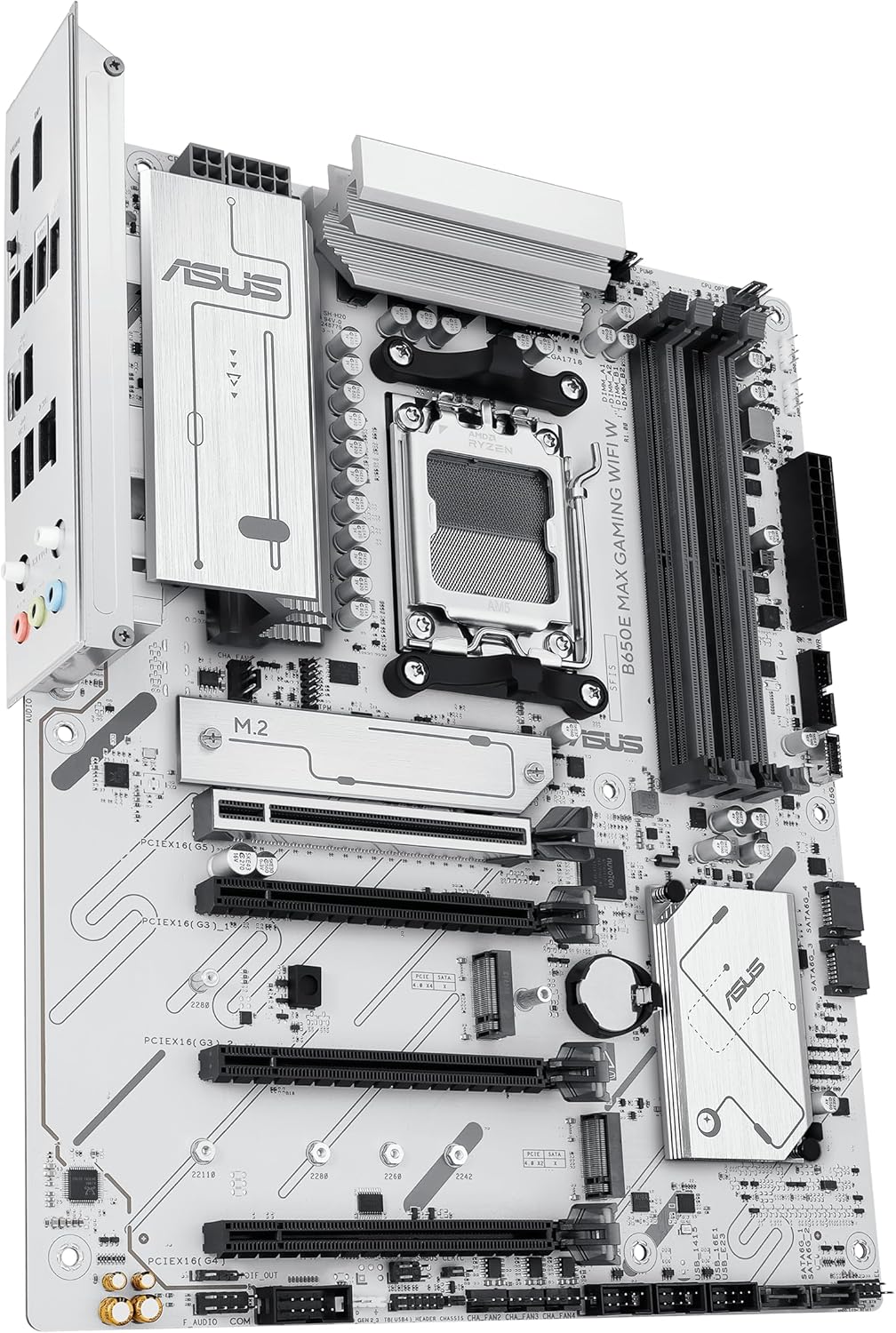 ASUS B650E MAX Gaming WiFi W – AMD B650 AM5 ATX Motherboard, White PCB, DDR5, PCIe 5.0, 3X M.2, Wi-Fi 6E, 2.5Gb LAN, USB 10Gbps Type-C, DisplayPort, HDMI™, BIOS Flashback™, Aura Sync, Advanced AI PC