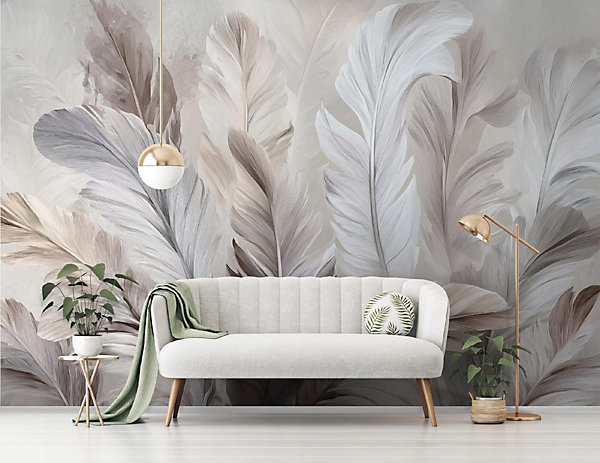 Papier Peint Panoramique Intissé Plumes Abstrait Beige - 350x250 cm - Papier Peint Chambre et salon