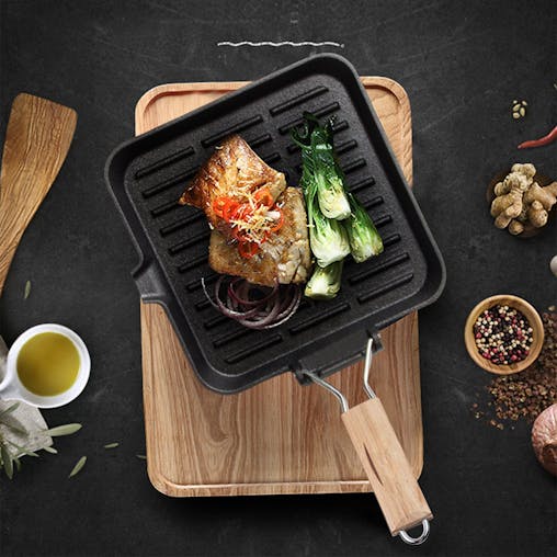 SOGA Cast Iron Ribbed Square Steak Grill Pan Wooden Handle 24cm