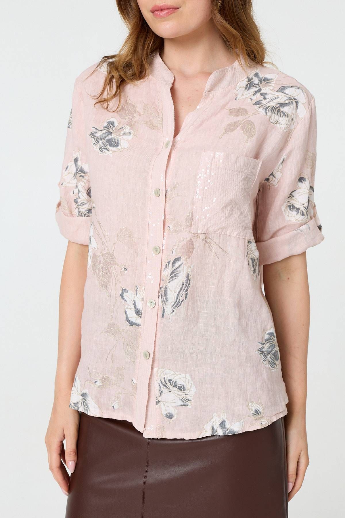 Izabel London Floral 3/4 Turn-Up Sleeve Blouse
