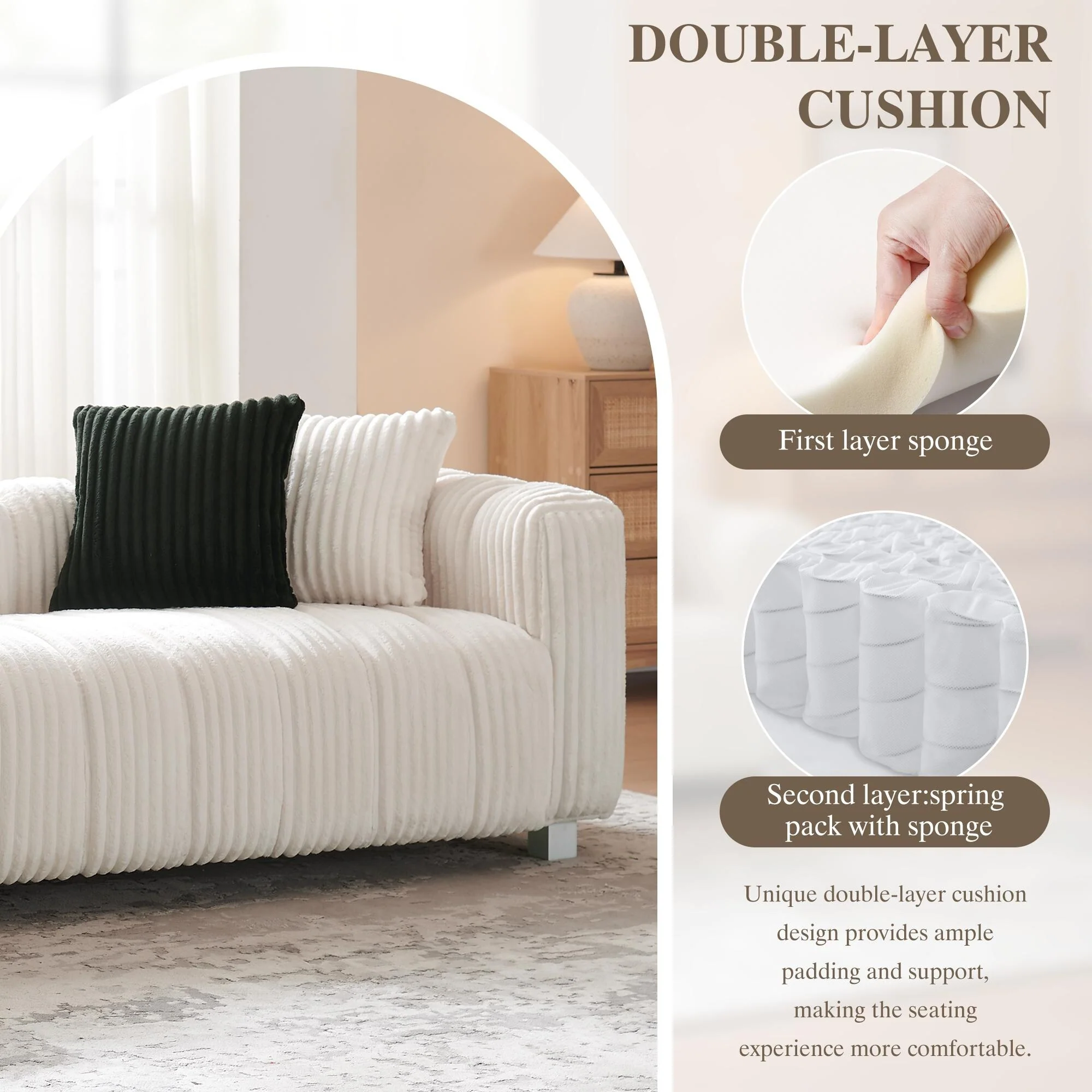 Corduroy Three-Seater Sofa - Sturdy Wooden Frame, Comfortable & Durable