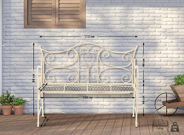 Banc de jardin en fer forgé, style rustique, extérieur terrasse balcon, pour 2 à 3 personnes Crèmeantique