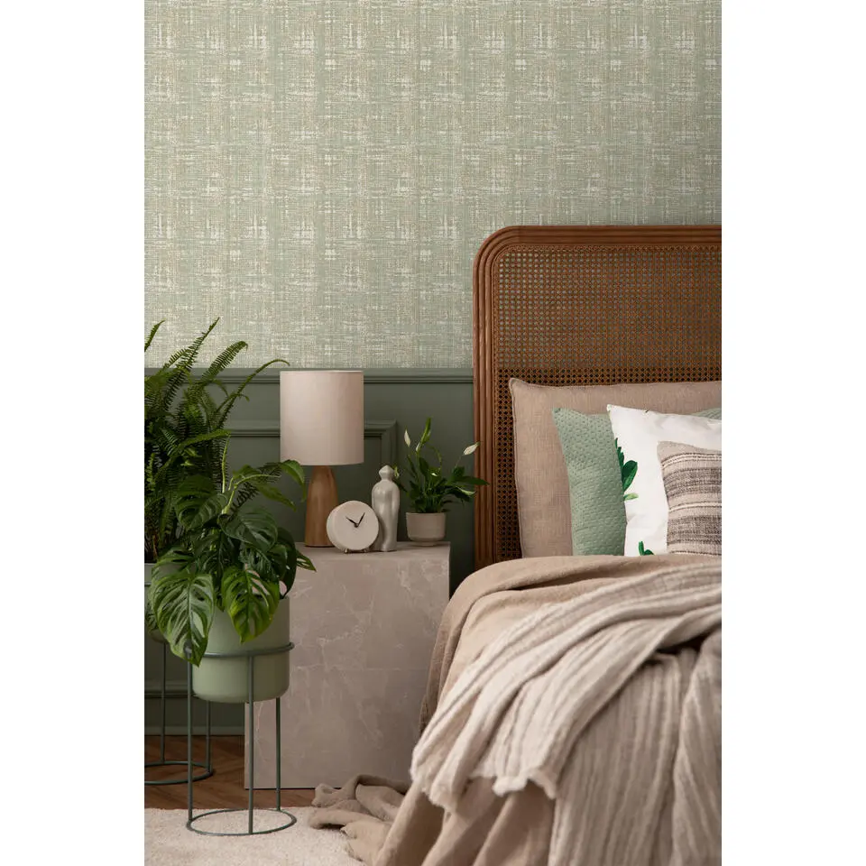 Sanders & Sanders behang linnenstructuur vergrijsd groen - 53 cm x 10 m