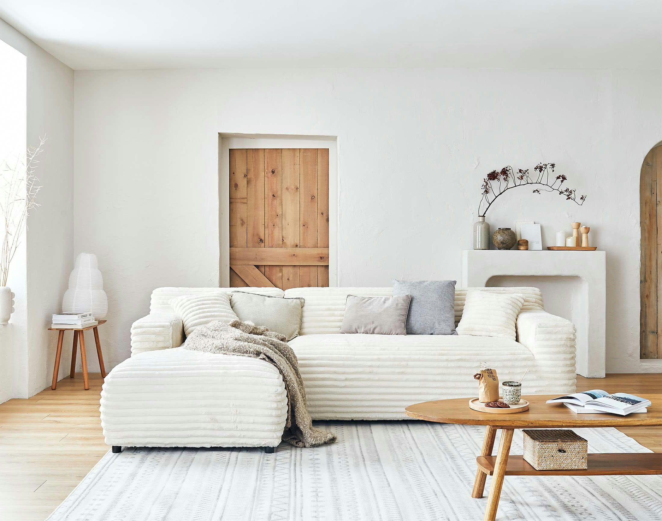 LAPONIE - Canapé d'angle gauche 4 places en velours grosses côtes beige