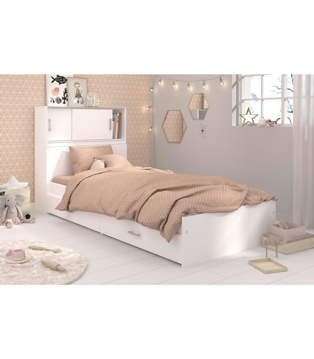 SNOOP - Lit Blanc avec Rangements 2 Portes Coulissantes - 90x200