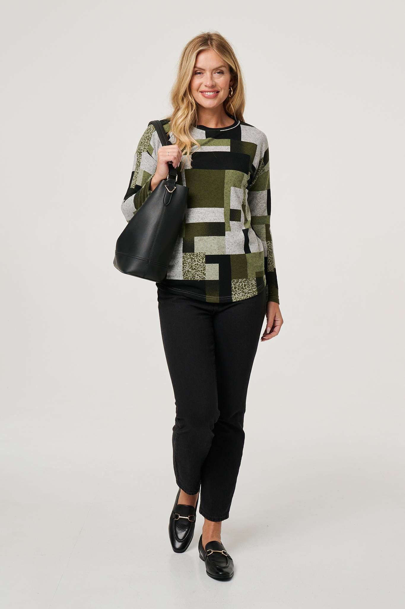 Izabel London Geo Print Long Sleeve Relaxed Top