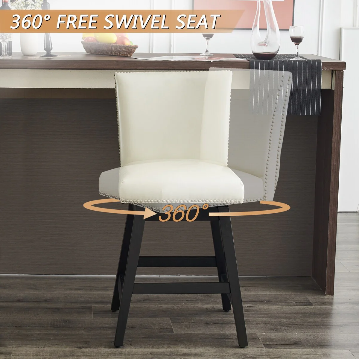 26 Upholstered Swivel Bar Stools Set of 2, Modern PU Leather with Nail Head Design and Wood Frame