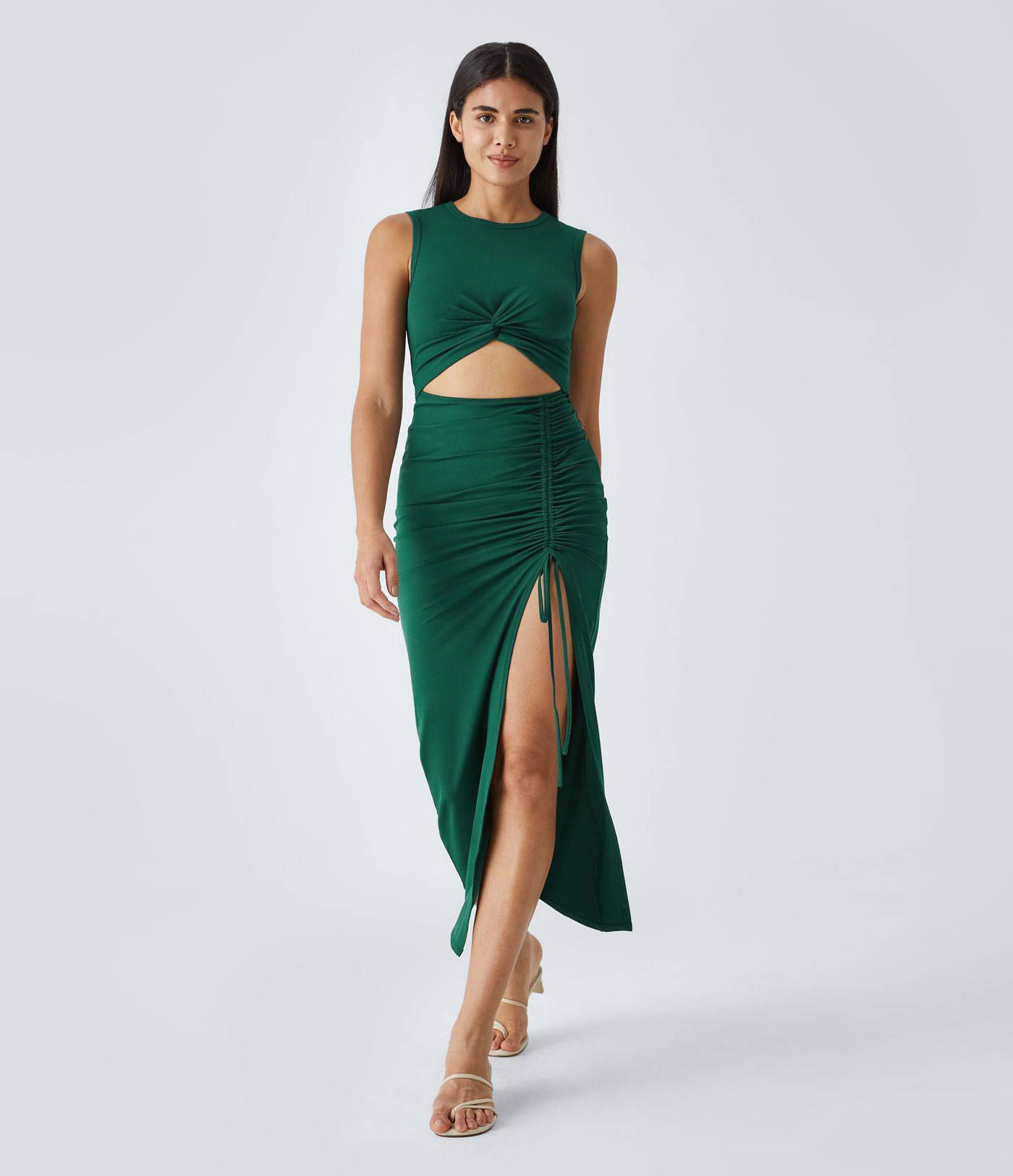 Robe Midi Casual Moulante Ourlet Fendu Col Rond Découpes Torsadées Froncée Cordon Serrage