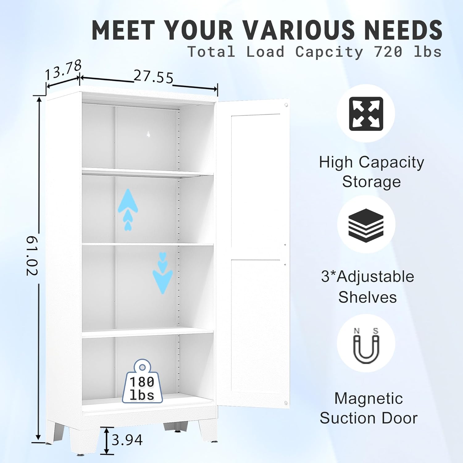 GAIOUS 61.02 Pantry Cabinet, Kitchen Pantry Storage Cabinets with Adjustable Shelves and Feet, White Pantry Storage Cabinet for Kitchen, Dining Room, Living Room and Bathroom (White) Metal