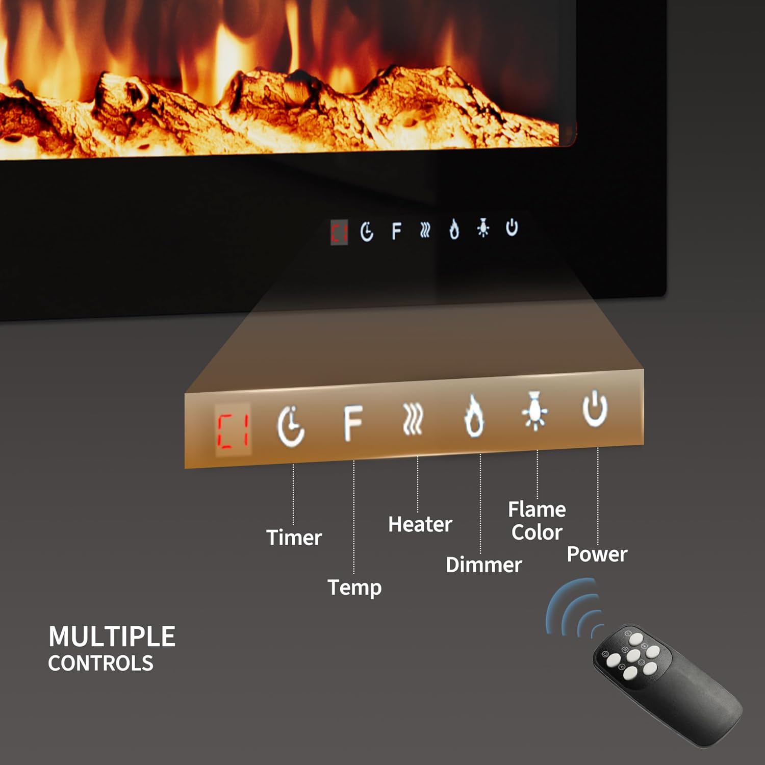 72-Inch Recessed Electric Fireplace, Wall Mounted, Remote Control, 12 Flame Colors, 750/1500W Heater, Multicolor, Log & Crystal, Black