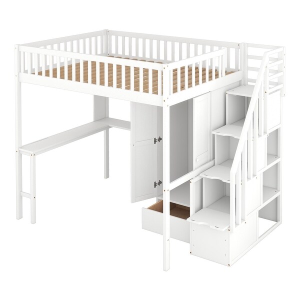 Full Size Wood Loft Bed with Bookshelf, Stairs Drawers, Desk and Wardrobe