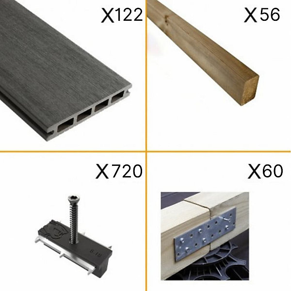Kit Terrasse Composite NAVIA 40m² - Gris Foncé - 122 lames de terrasse (220 x 14.5 x 2.2 cm) - Fixation par Clips - Terrasse