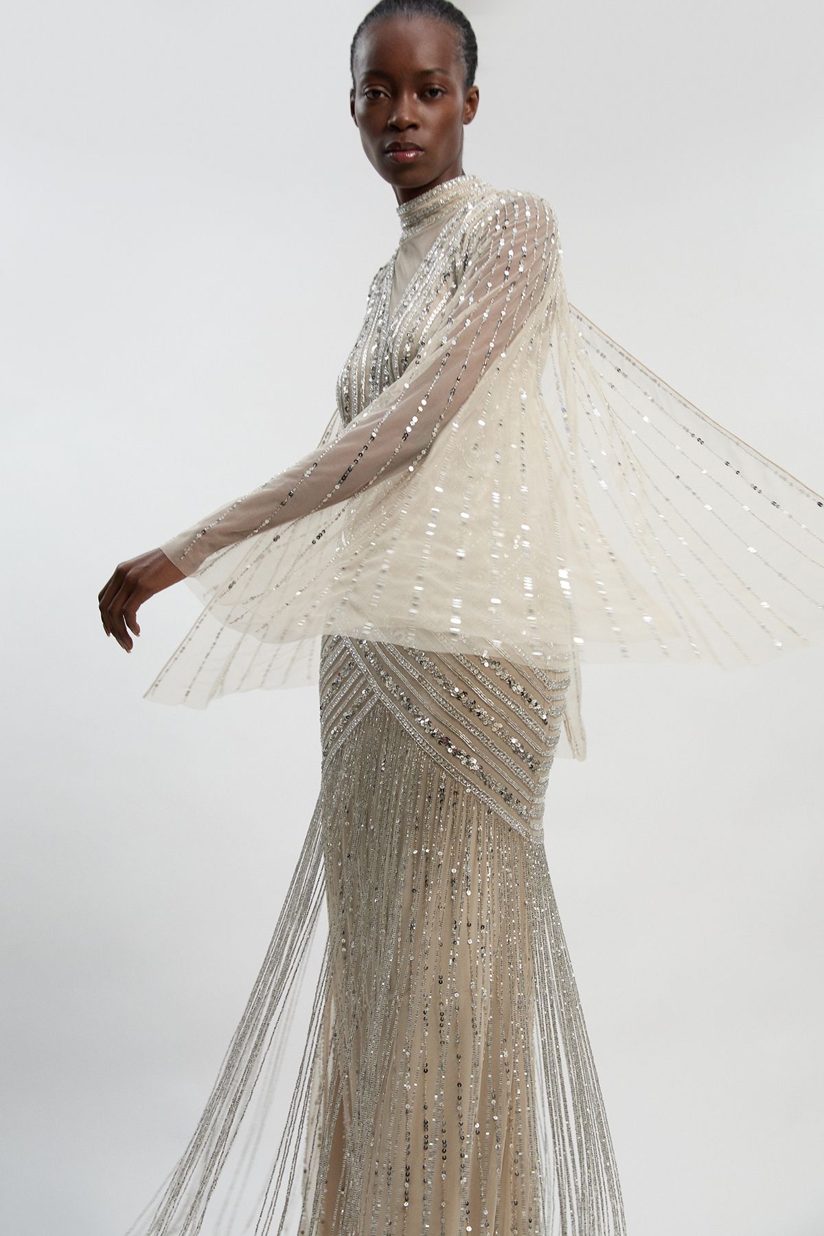 KarenMillen Embellished Woven Maxi Dress With Cape Sleeve