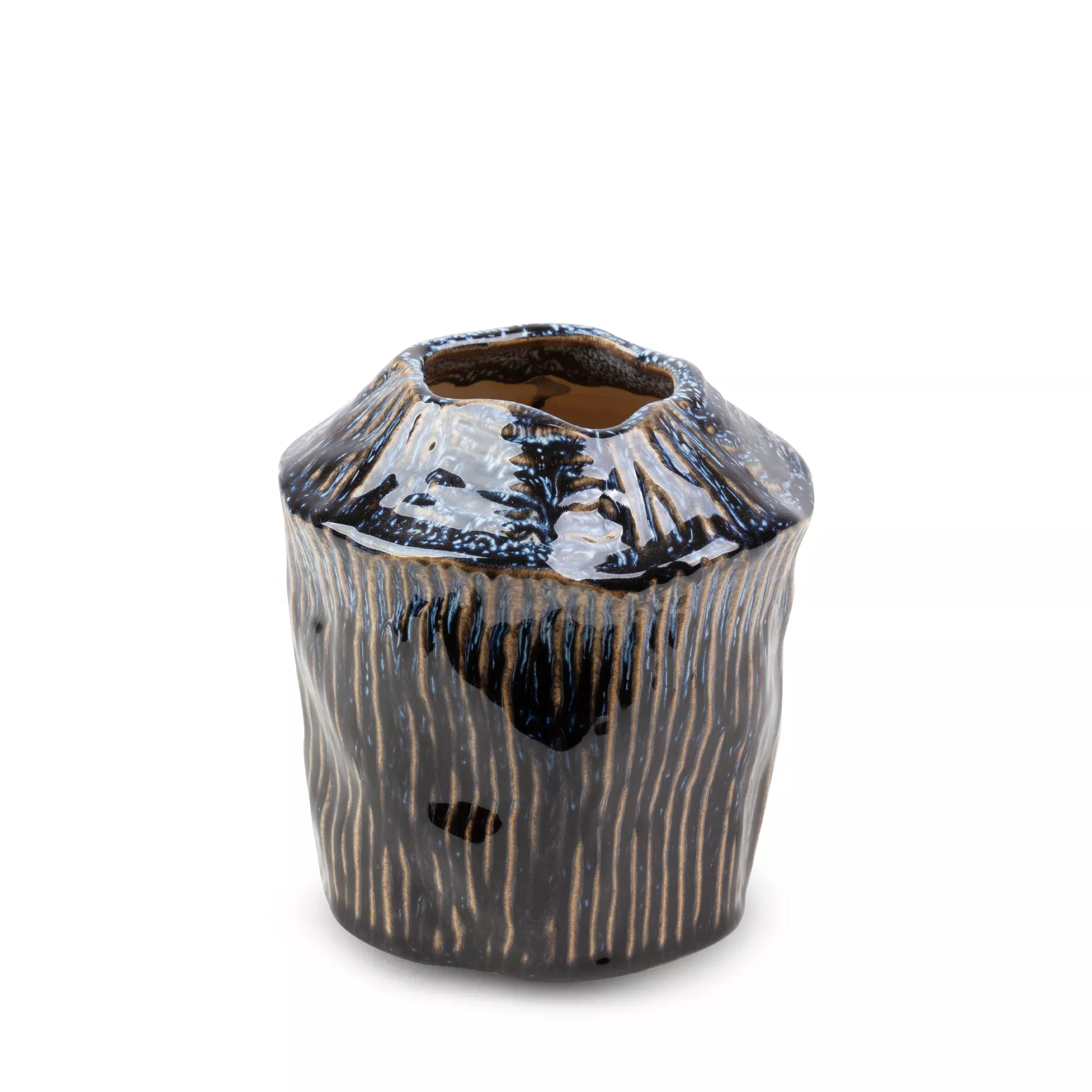 Wazon ceramiczny granatowo-beżowy o nieregularnym kształcie w stylu boho średnica 13x14 cm ALDA