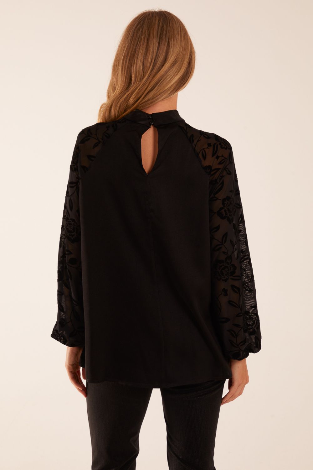 Blue Vanilla High Neck Flocked Sleeve Top