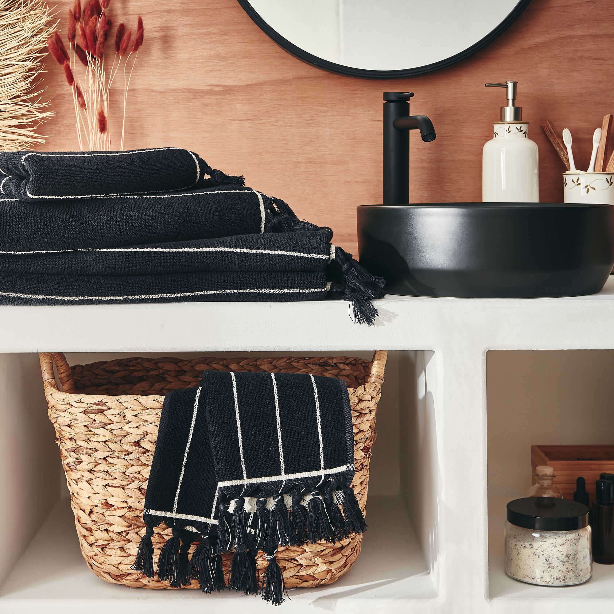 PISELLI - Drap de douche rayé en coton 70x140cm - noir