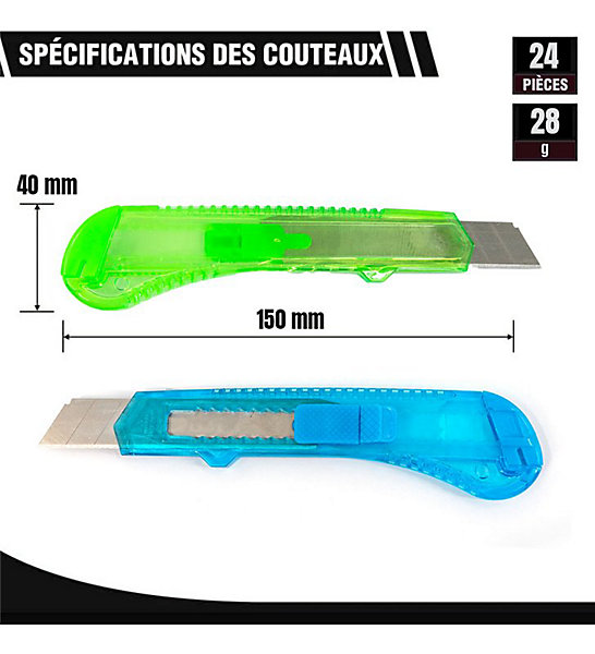 Lot de cutters rétractables Couteau utilitaire avec 100 lames 18mm Taille - Lot de 24