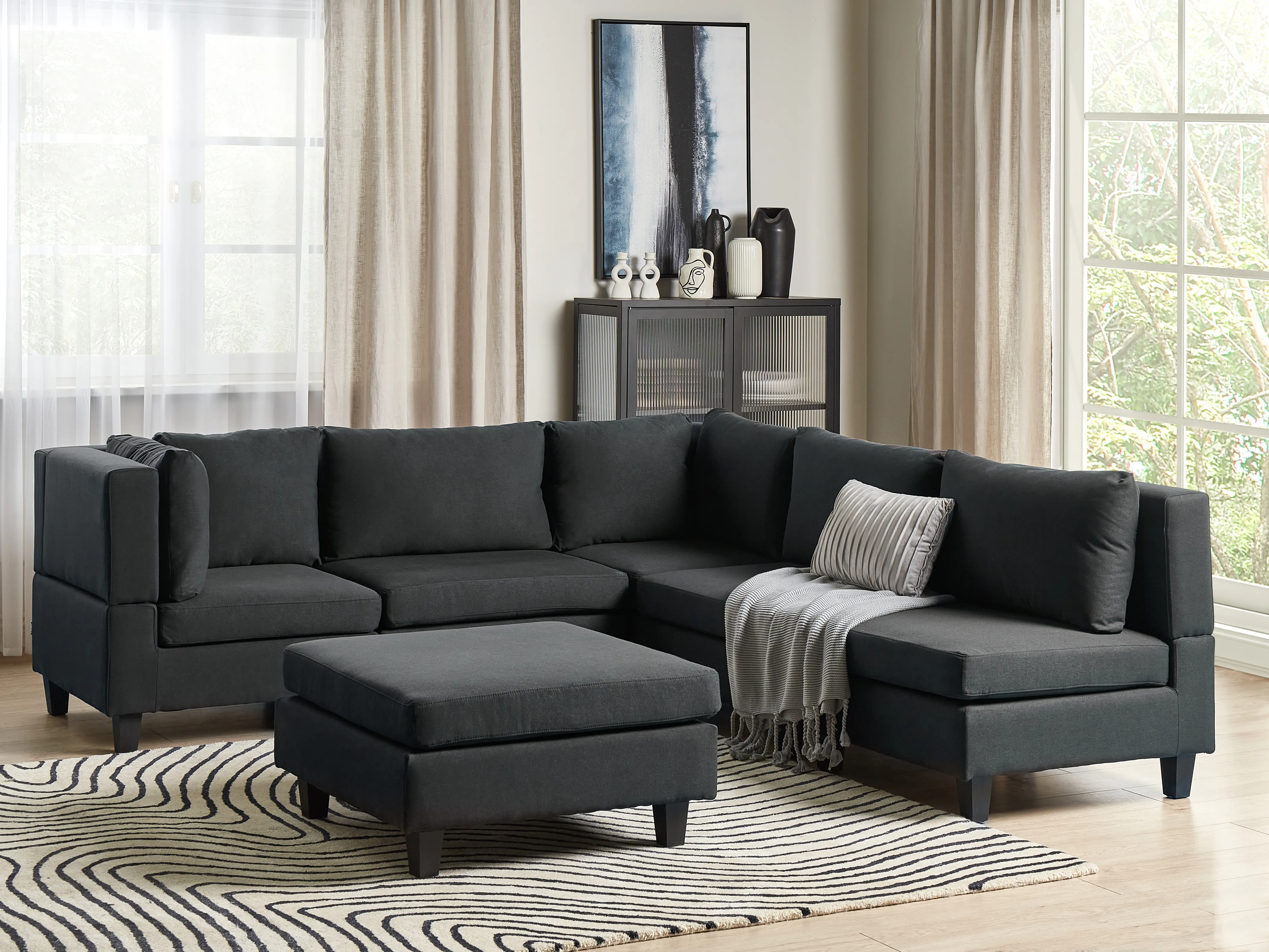 Modular Corner Sofa 5 Seater UNSTAD Fabric Black with Ottoman Right Hand