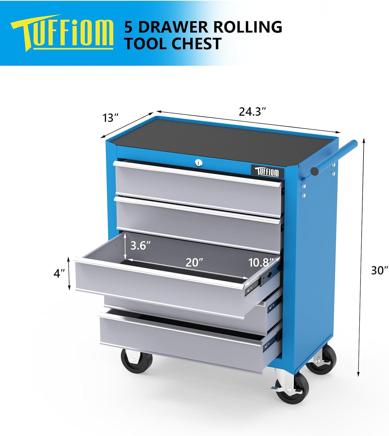 TUFFIOM 5-Drawer Rolling Tool Chest w/Drawers & Lock, Tool Storage Cabinet with Lockable Wheels, Top Cushion & Drawer Liners, Tool Organizer Box for Garage, Warehouse & Repair Shop
