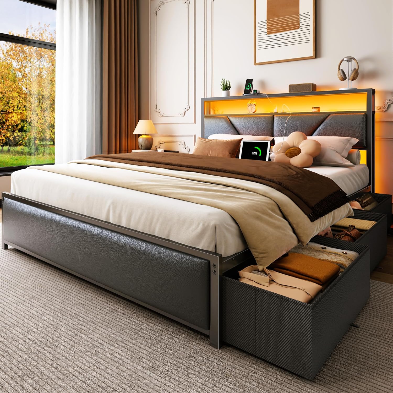 Queen Bed Frame, 2-Tier Storage Headboard & 6 Fabric Drawers, PU Leather Upholstered Queen Size Platform Bed with Charging Station and LED Lights, No Box Spring Needed, Noise Free