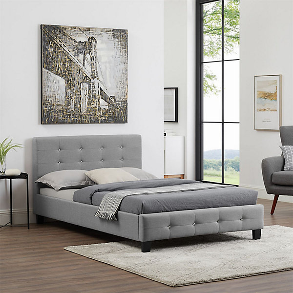 Lit simple JOLIEN, 120 x 190 cm, capitonné avec sommier, revêtement en tissu gris