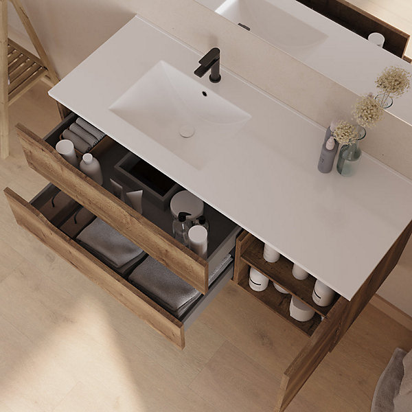 Meuble sous vasque seul, 2 tiroirs et 1 porte, 120cm, vasque déportée gauche - tabaco (bois foncé) - ZARZA