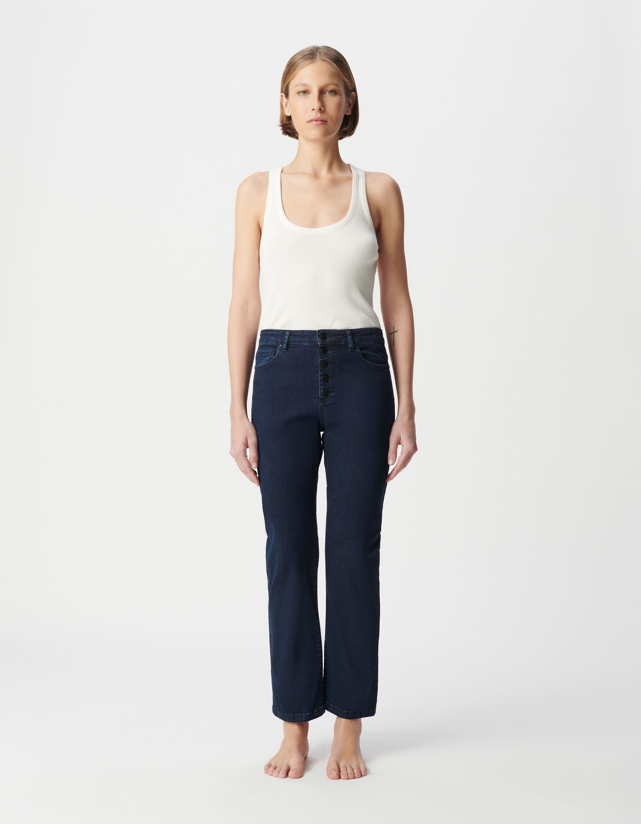 Jean droit bleu foncé powerstretch cropped Femme