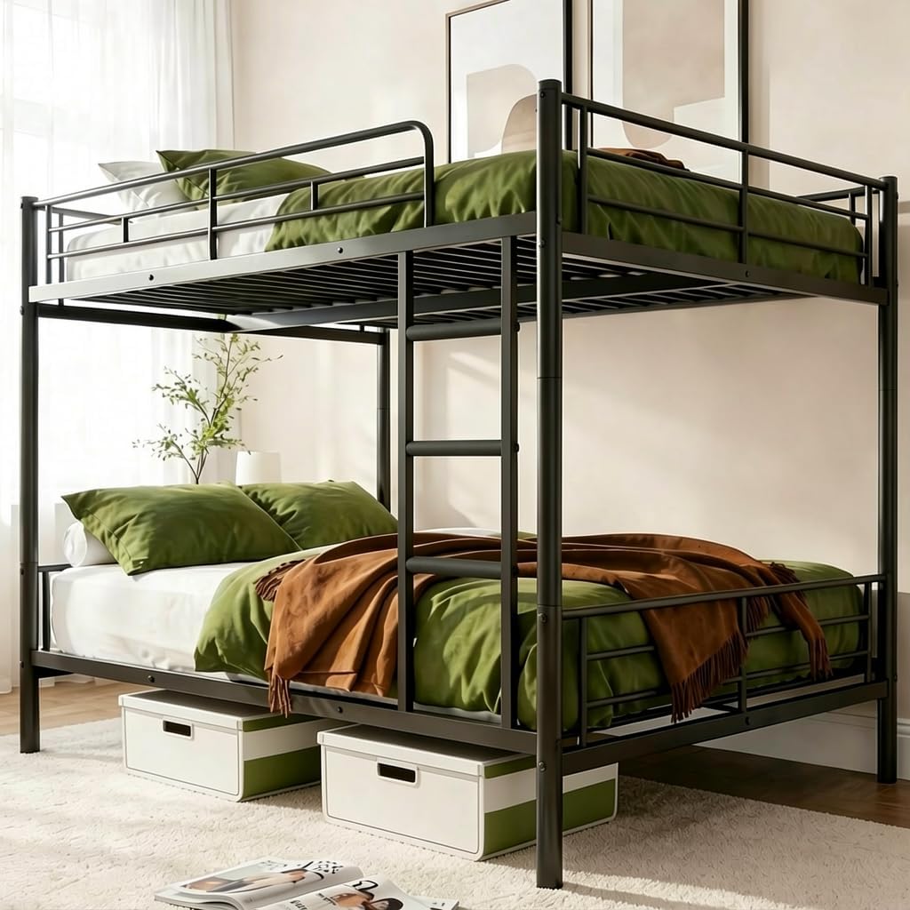 Full Over Full Bunk Bed, Convertible into 2 Full Beds, Heavy-Duty Metal Bed Frame with Safety Full-Length Guardrails & EVA Padded Ladder for Adults, Teens, Kids, No Box Spring Needed, Black