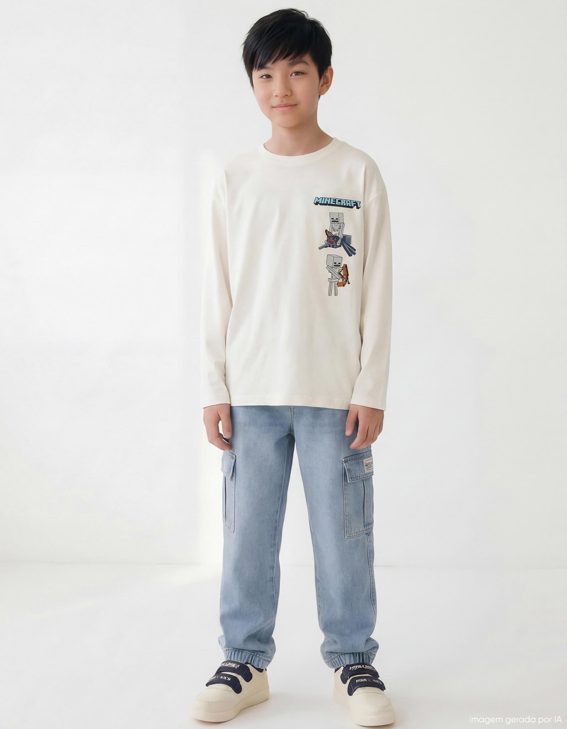 T-shirt Manga Comprida 'Minecraft', Menino, Branco