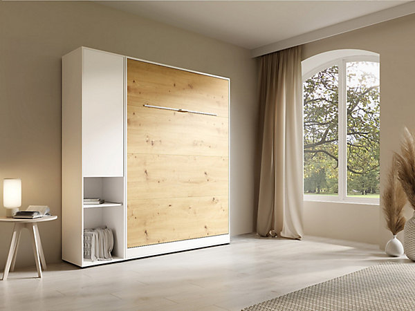 Lit escamotable vertical 140 x 200 cm - 1 colonne de rangement - Avec LEDs - Blanc et naturel - RAPILI