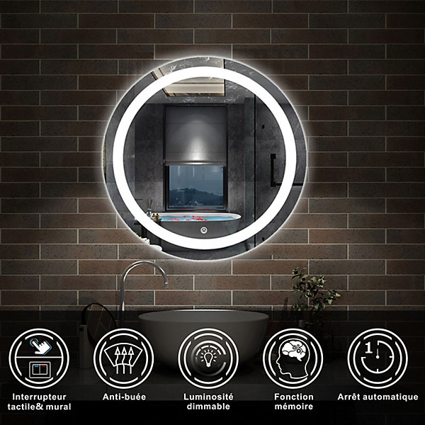 Miroir LED rond de 60cm, dimmable   mémoire   antibuée, IP44, avec interrupteur tactile, 6000k blanc froid, AICA SANITAIRE