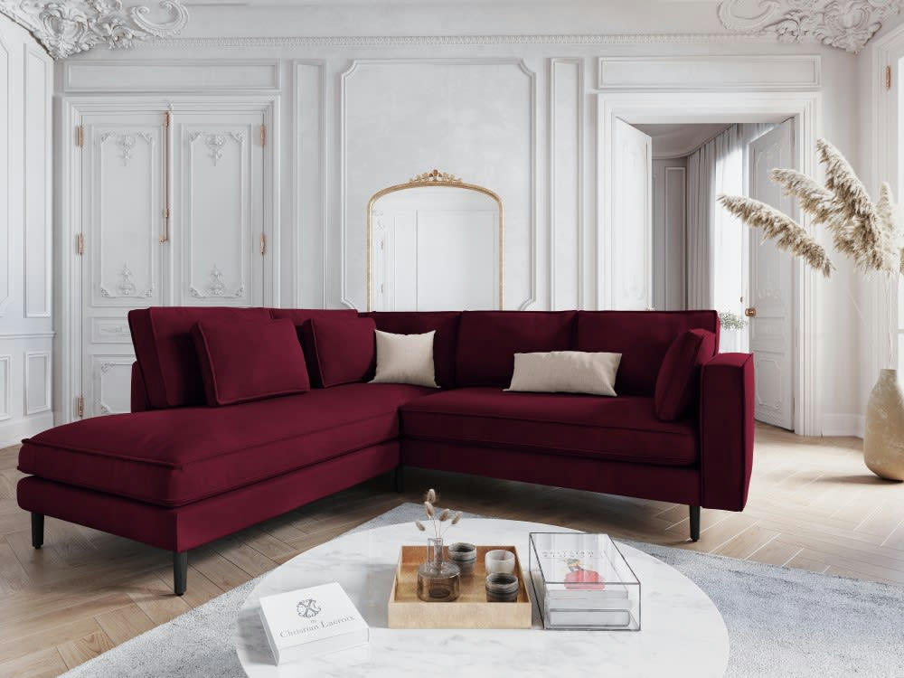 ALEXIS - Canapé d'angle 5 places en velours rouge foncé