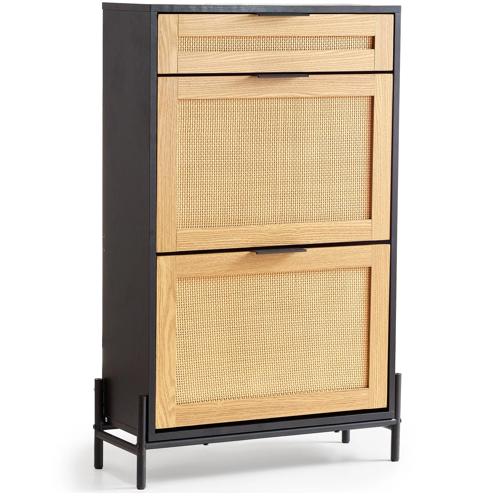 Modern Rattan Shoe Cabinet Narrow Wood Entryway Storage with Flip Drawers and Metal Legs - 25.47 x 10.35 x 40.47 inches