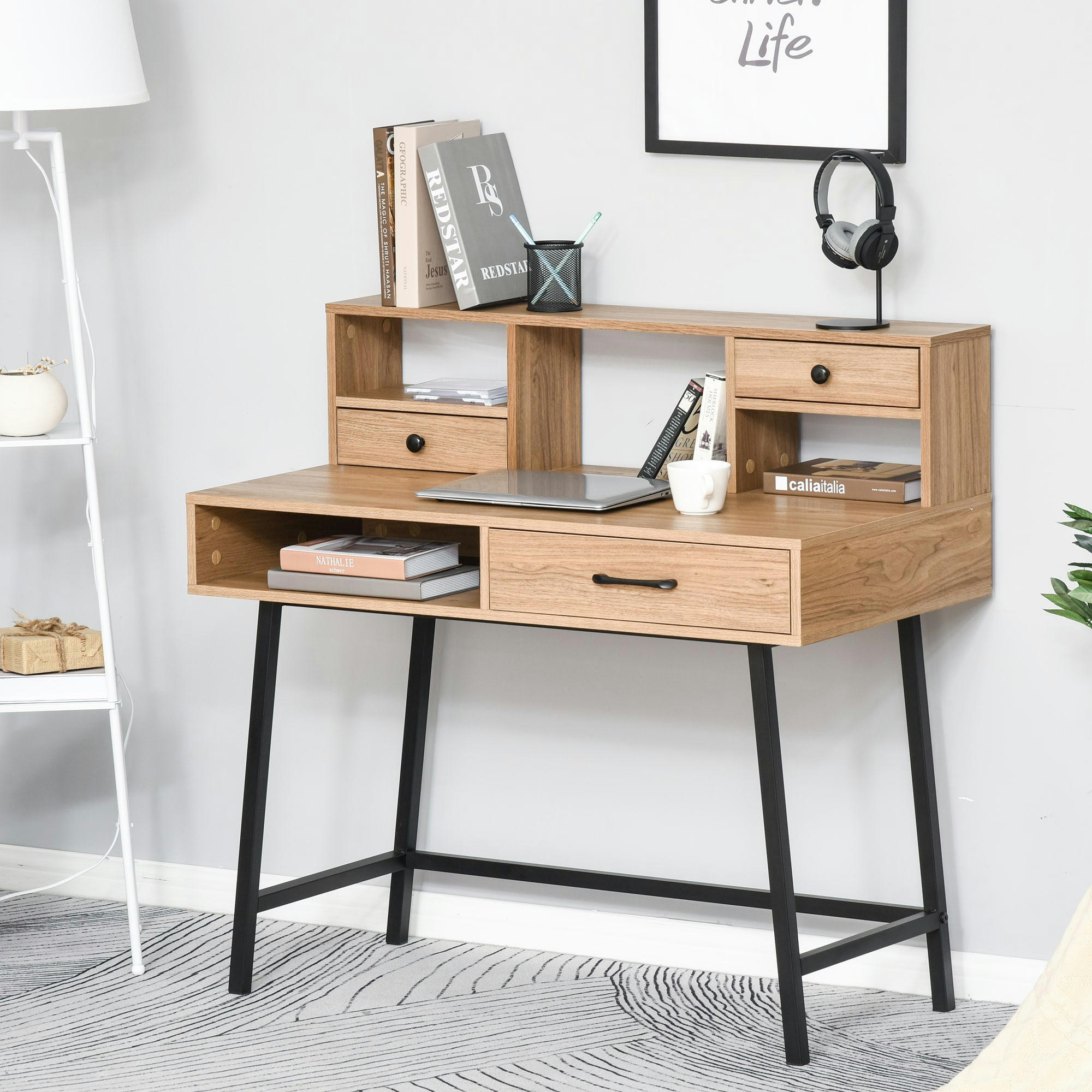 - Bureau secrétaire industriel 3 tiroirs 3 niches métal noir aspect bois