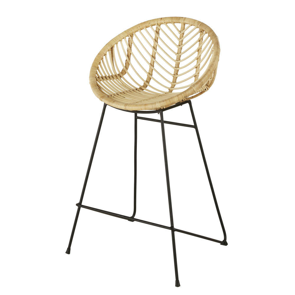 Anoki - Chaise pour îlot central ronde en rotin et métal noir H69