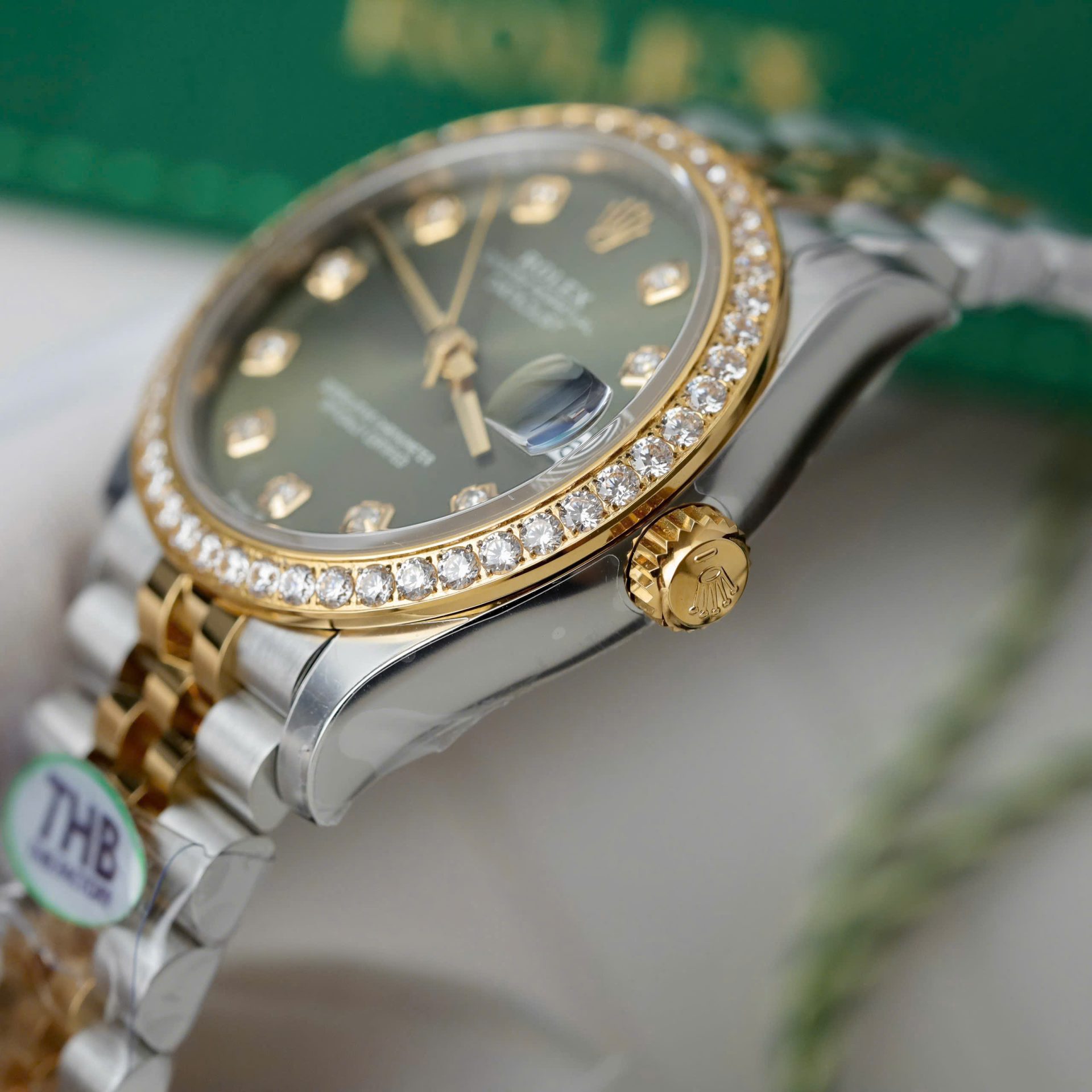 Rolex Datejust SS/YG Plated Green Dial CZ Diamonds 31mm Jub THBF Replica