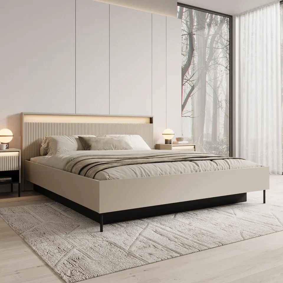 Meubella - Tweepersoonsbed Timoteo - Beige - 180x200 cm - Met gaslift