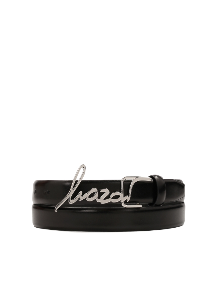 Narrow belt with metal logo buckle
