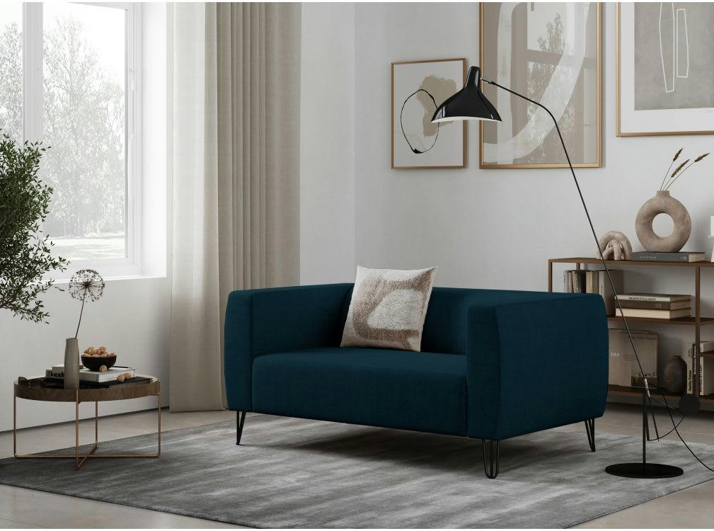 SERENA - Canapé fixe 2 places en tissu avec pieds épingles - Bleu pétrole