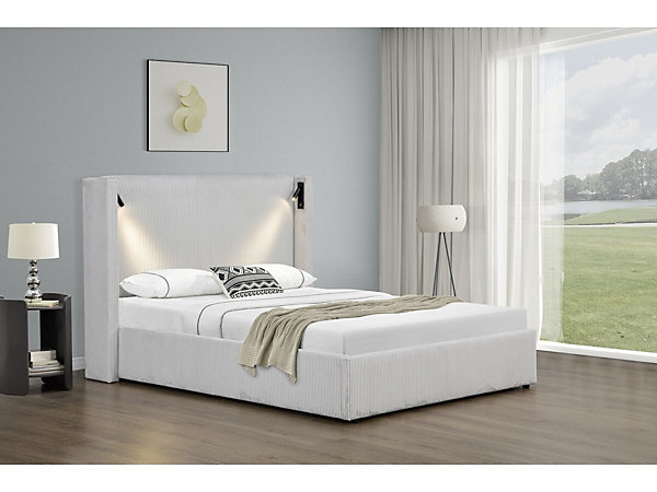 Lit double en velours côtelé avec coffre et lampe intégré 