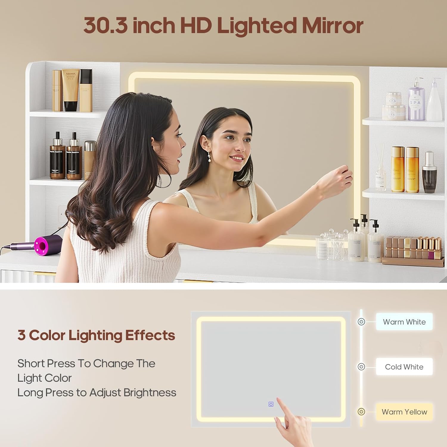 51.2 Fluted Makeup Vanity Desk with Large 30.3 Mirror and Lights, 5 Drawer Vanity with Power Strip, 6 Open Shelves, 2 Cabinet，Modern Dressing Table with Solid Wood Legs for Bedroom, White