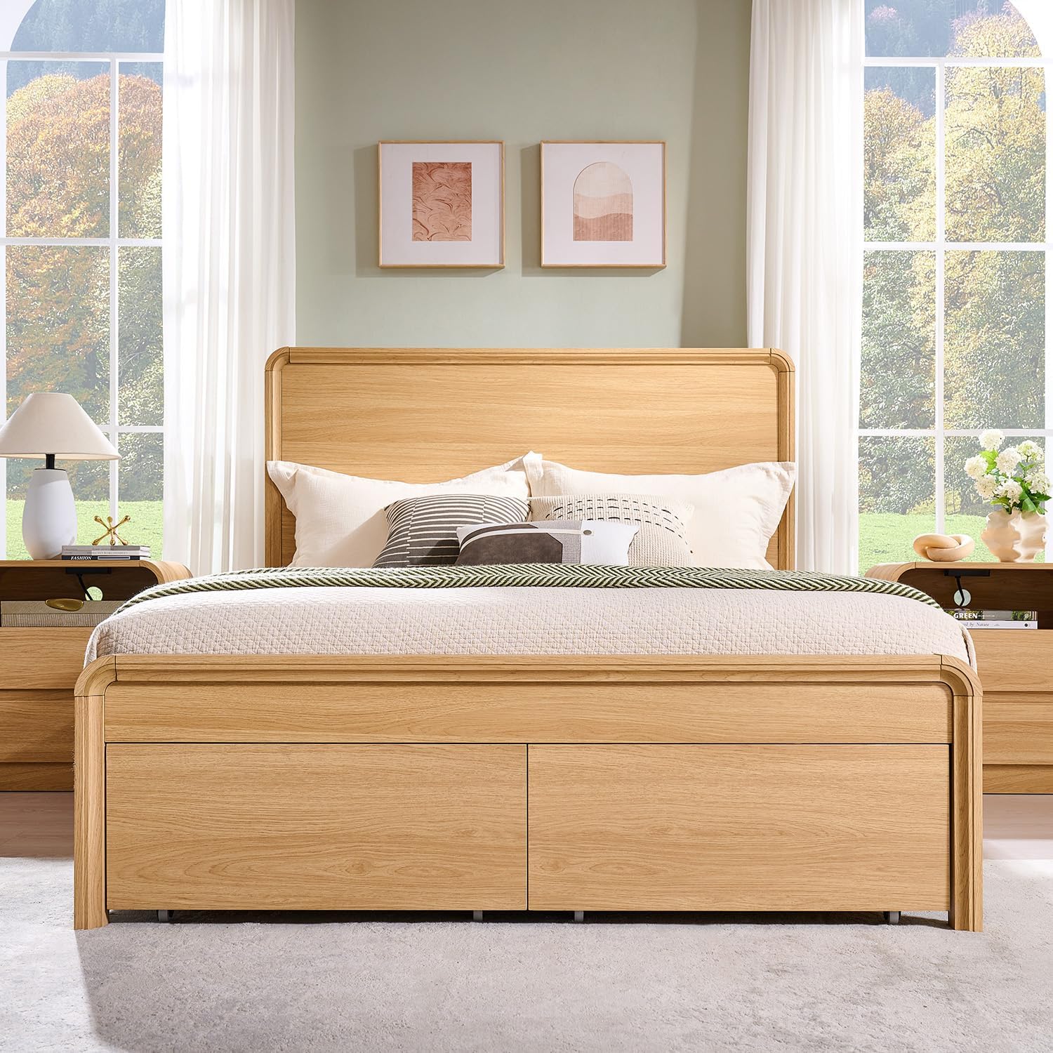 Modern Queen Size Bed Frame with 50 Tall Headboard, Wood Queen Size Platform Bed Frame w/3 Storage Drawers, Curved Profile Design, No Box Spring Needed, Easy Assembly, Noise Free, Natural Oak