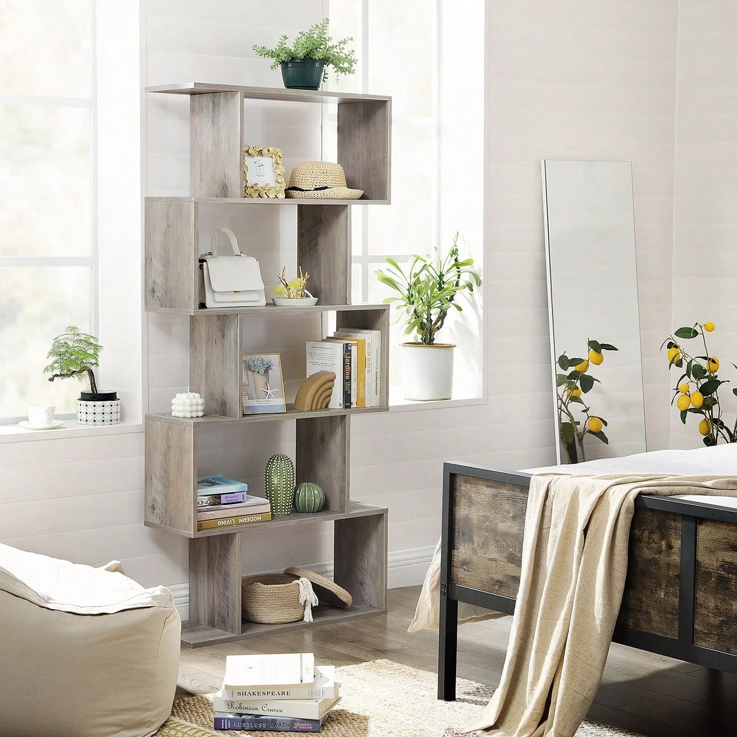 5-Tier S-Shaped Design Freestanding Decorative Storage Shelving Bookshelf Suitable for Any Room - 27.6”L x 9.4”W x 62.6”H