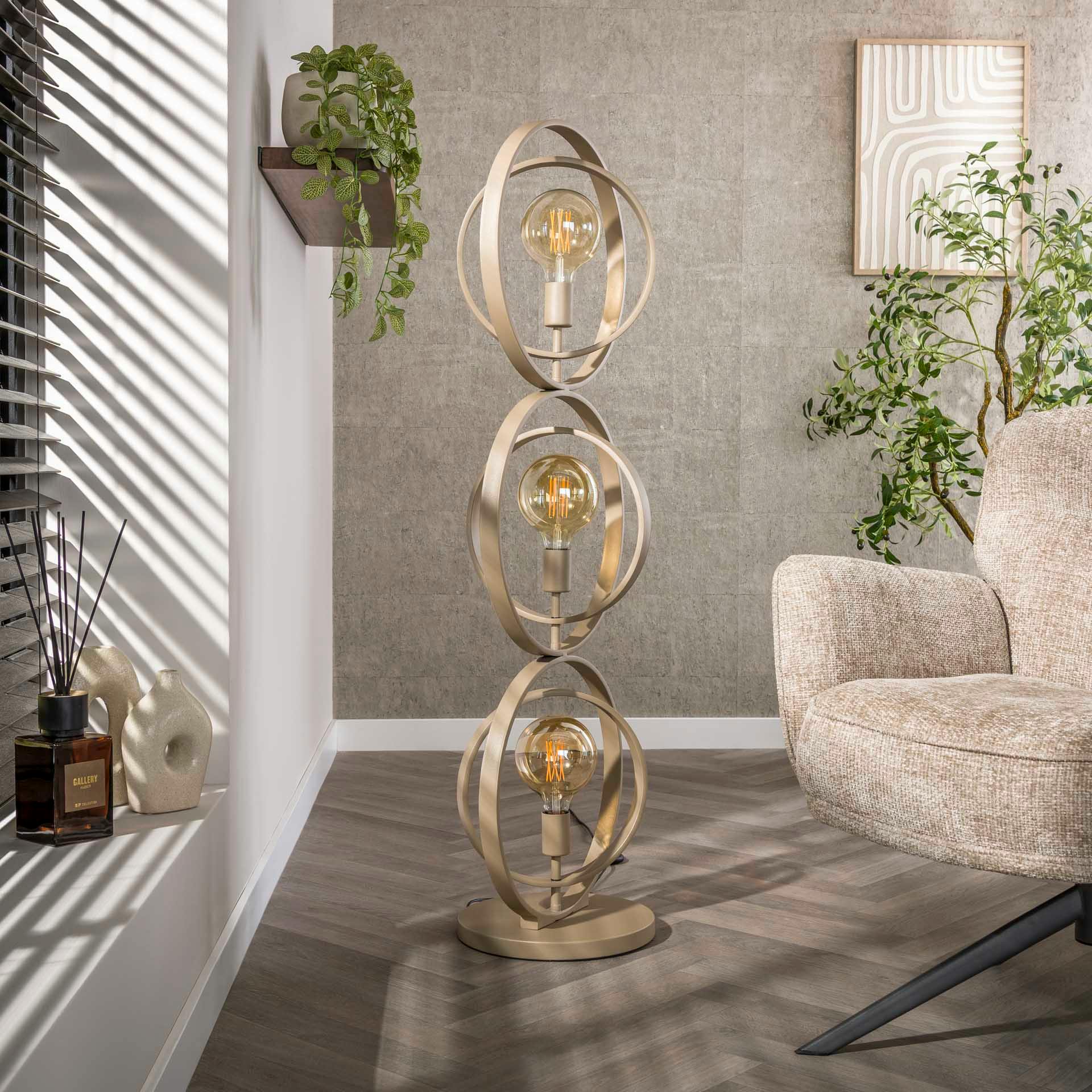 Lampadaire moderne beige mat, 3 anneaux pivotants TRIBECA