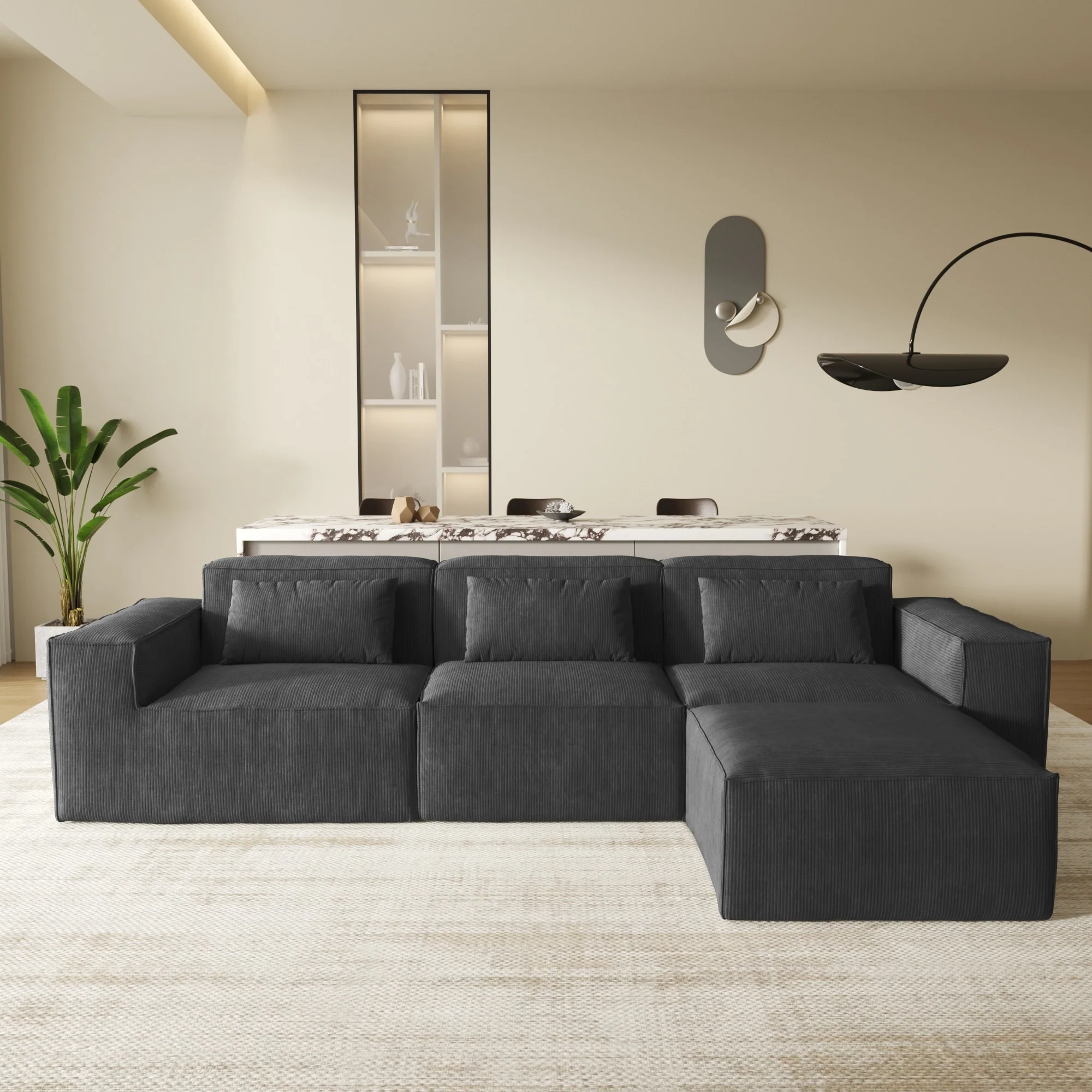 118'' Corduroy Upholstered Sectional Couch L-shape Sofa with Ottoman