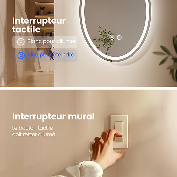 EMKE Miroir de Salle de Bain LED rond 60x80 cm, éclairage dimmable, antibuée, 3 teintes, fonction mémoire, IP44, mural