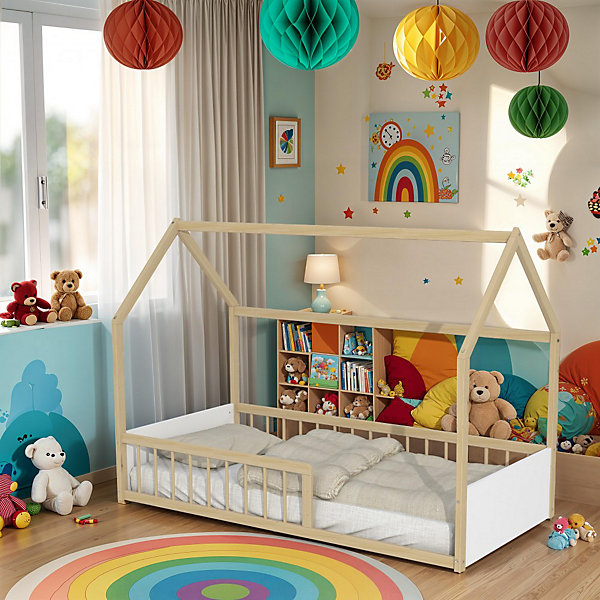 Lit cabane BALOO 90x190   1 sommier / Blanc et naturel